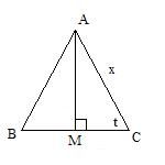 An isosceles triangle ABC divided to form two right triangles AMB and AMC both with hypoteneus x